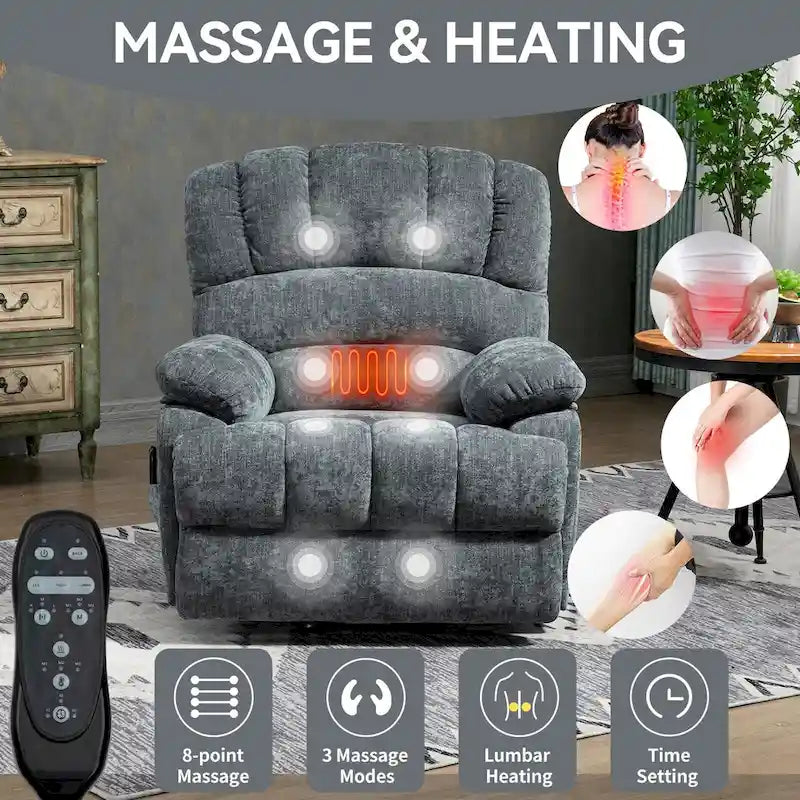 Fauteuil inclinable électrique surdimensionné avec massage, chauffage lombaire et port USB