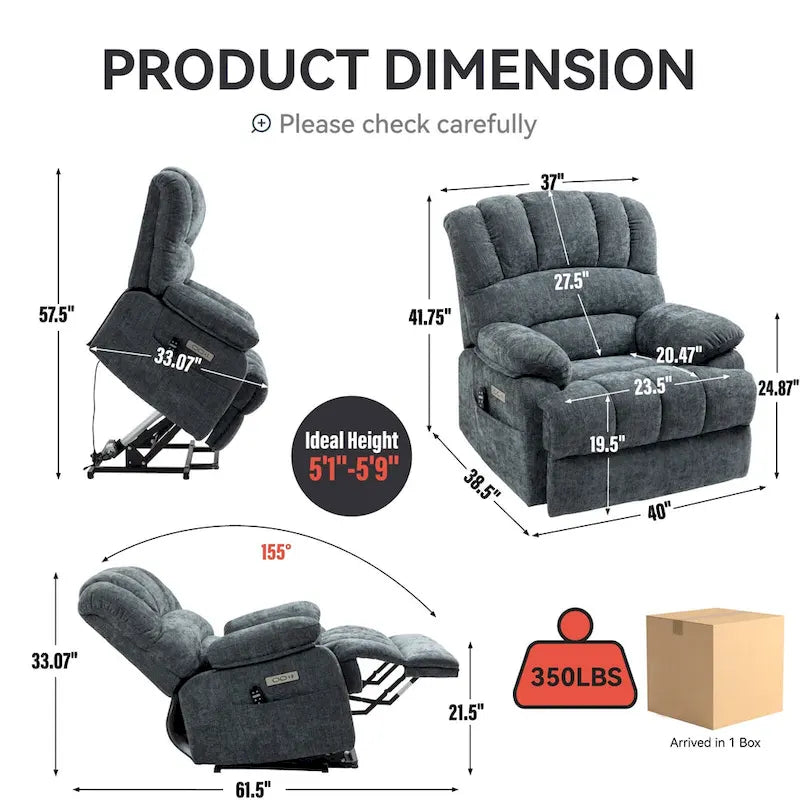 Fauteuil inclinable électrique surdimensionné avec massage, chauffage lombaire et port USB
