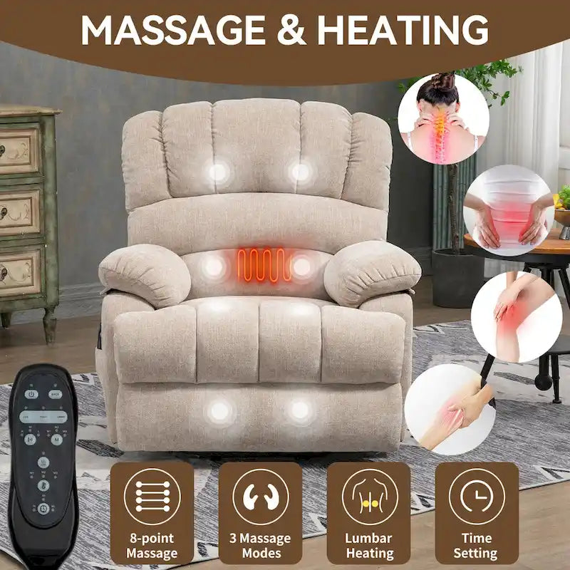 Fauteuil inclinable électrique surdimensionné avec massage, chauffage lombaire et port USB