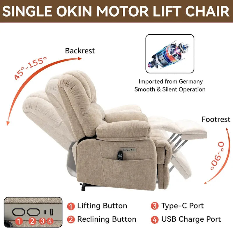 Fauteuil inclinable électrique surdimensionné avec massage, chauffage lombaire et port USB