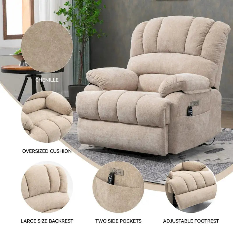 Fauteuil inclinable électrique surdimensionné avec massage, chauffage lombaire et port USB