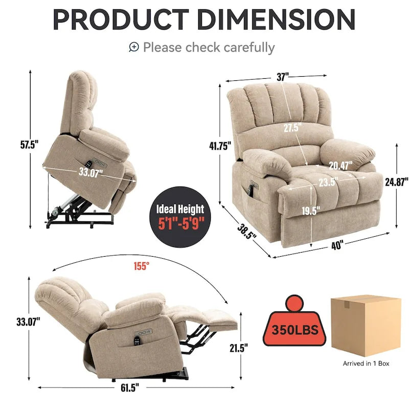 Fauteuil inclinable électrique surdimensionné avec massage, chauffage lombaire et port USB