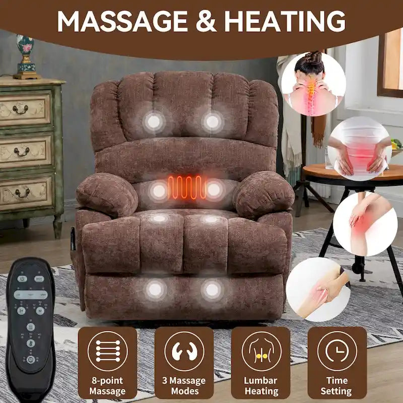 Fauteuil inclinable électrique surdimensionné avec massage, chauffage lombaire et port USB