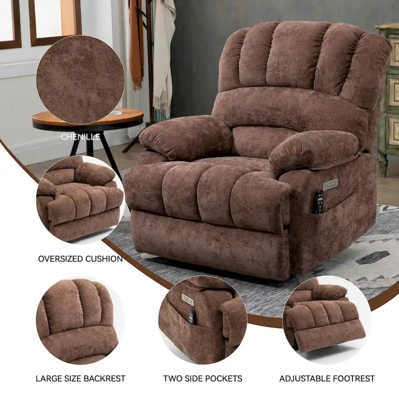 Fauteuil inclinable électrique surdimensionné avec massage, chauffage lombaire et port USB