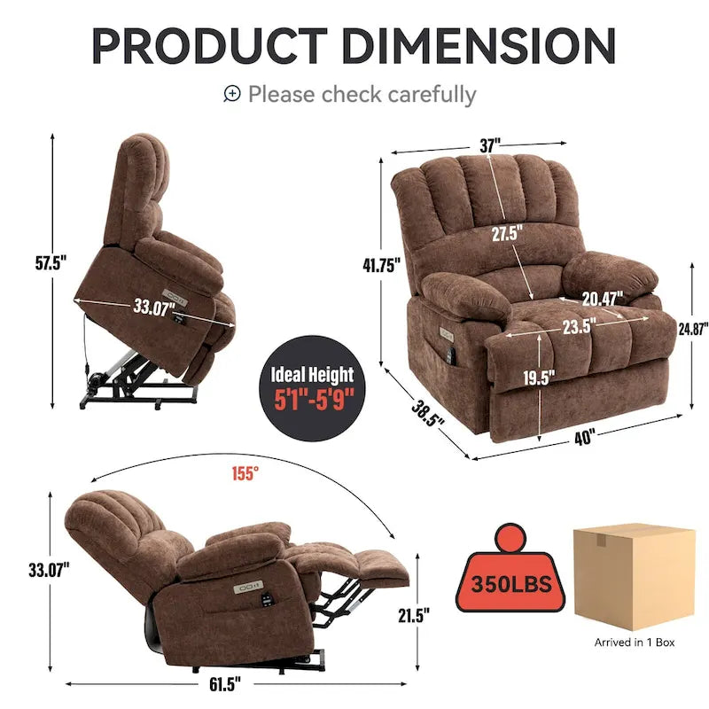 Fauteuil inclinable électrique surdimensionné avec massage, chauffage lombaire et port USB