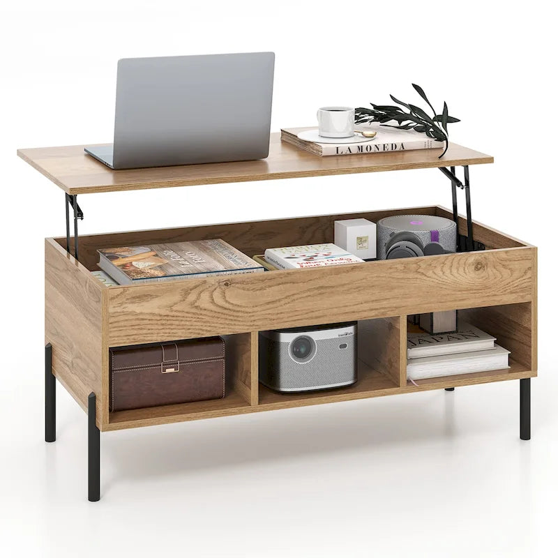 Table basse relevable avec compartiment de rangement caché et 3 casiers ouverts