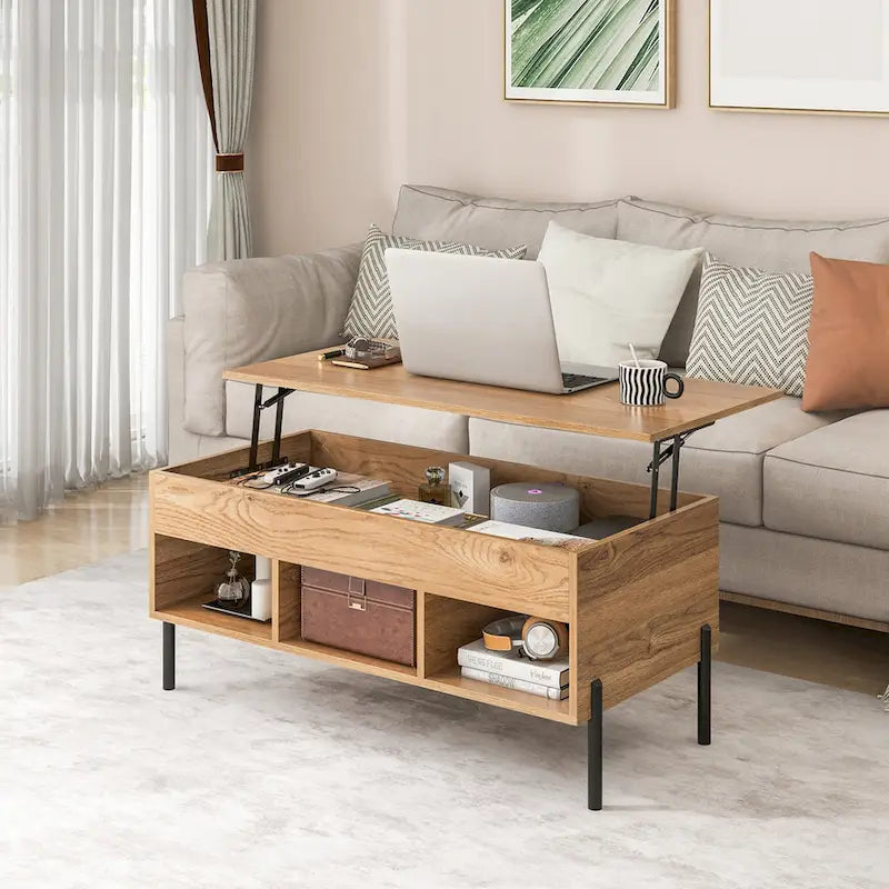 Table basse relevable avec compartiment de rangement caché et 3 casiers ouverts