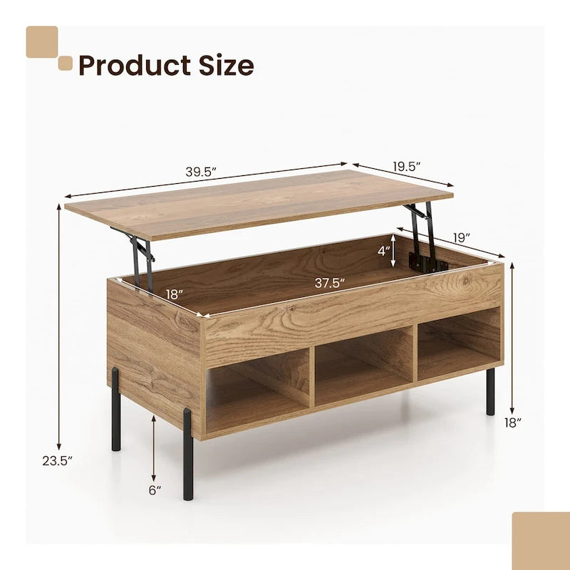 Table basse relevable avec compartiment de rangement caché et 3 casiers ouverts