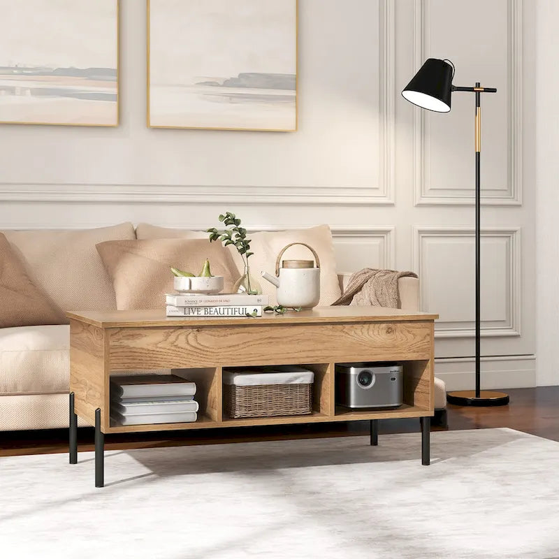 Table basse relevable avec compartiment de rangement caché et 3 casiers ouverts