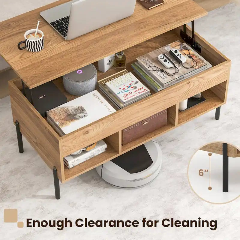 Table basse relevable avec compartiment de rangement caché et 3 casiers ouverts