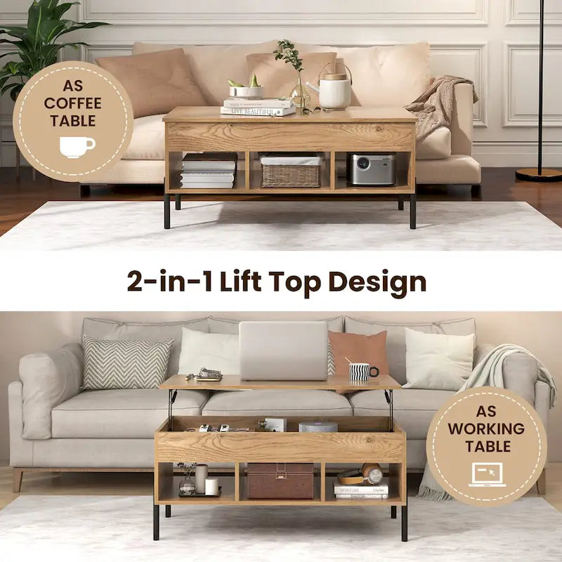 Table basse relevable avec compartiment de rangement caché et 3 casiers ouverts