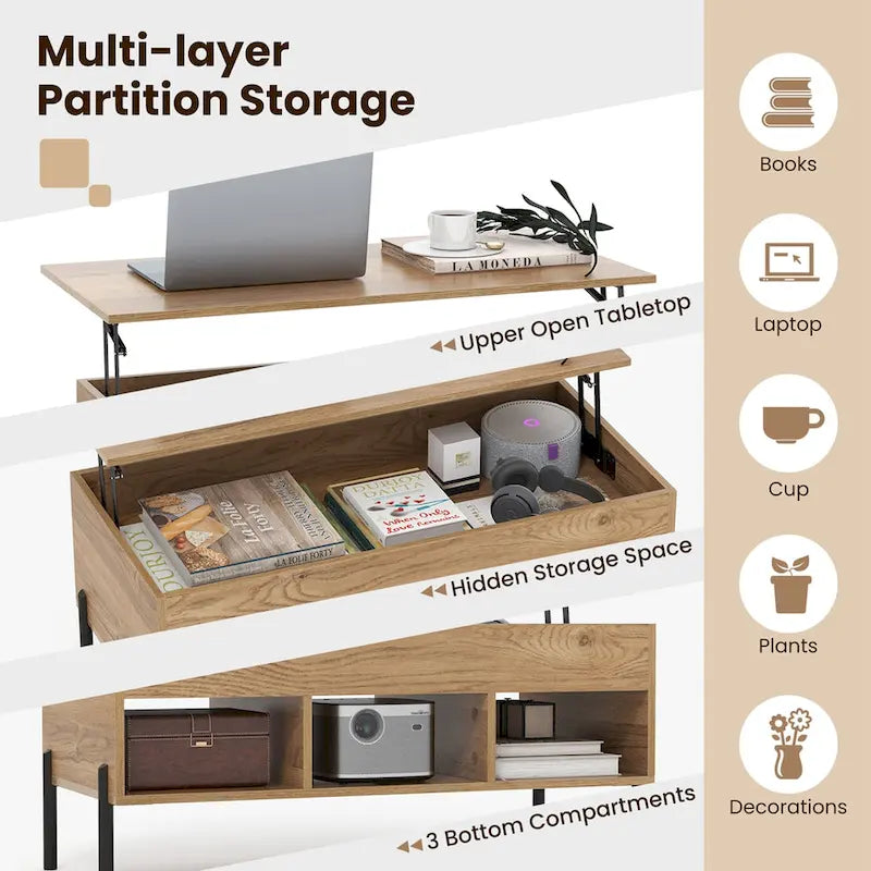 Table basse relevable avec compartiment de rangement caché et 3 casiers ouverts