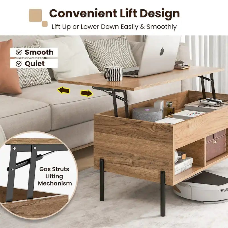 Table basse relevable avec compartiment de rangement caché et 3 casiers ouverts