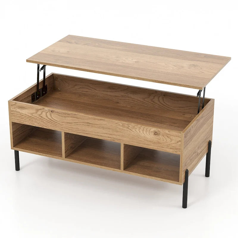 Table basse relevable avec compartiment de rangement caché et 3 casiers ouverts