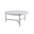 Table basse ronde avec plateau en bois et piètement à 3 pieds en acier inoxydable