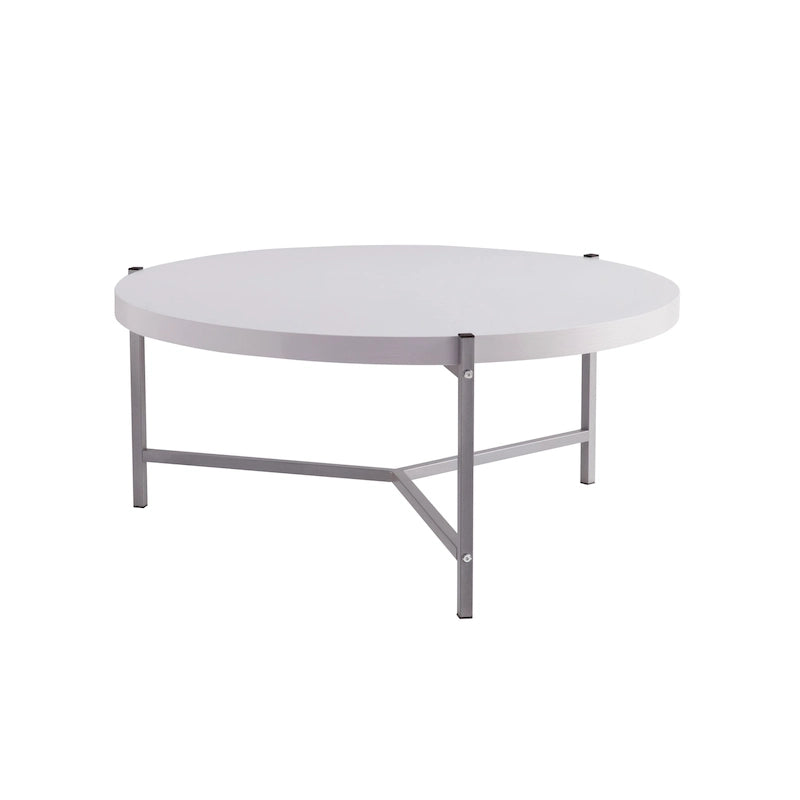 Table basse ronde avec plateau en bois et piètement à 3 pieds en acier inoxydable