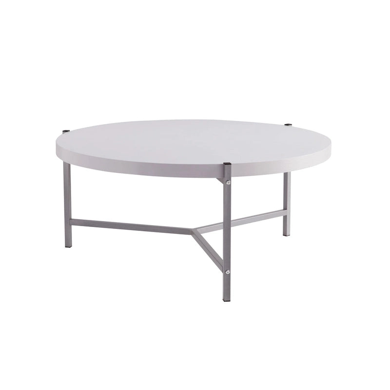 Table basse ronde avec plateau en bois et piètement à 3 pieds en acier inoxydable