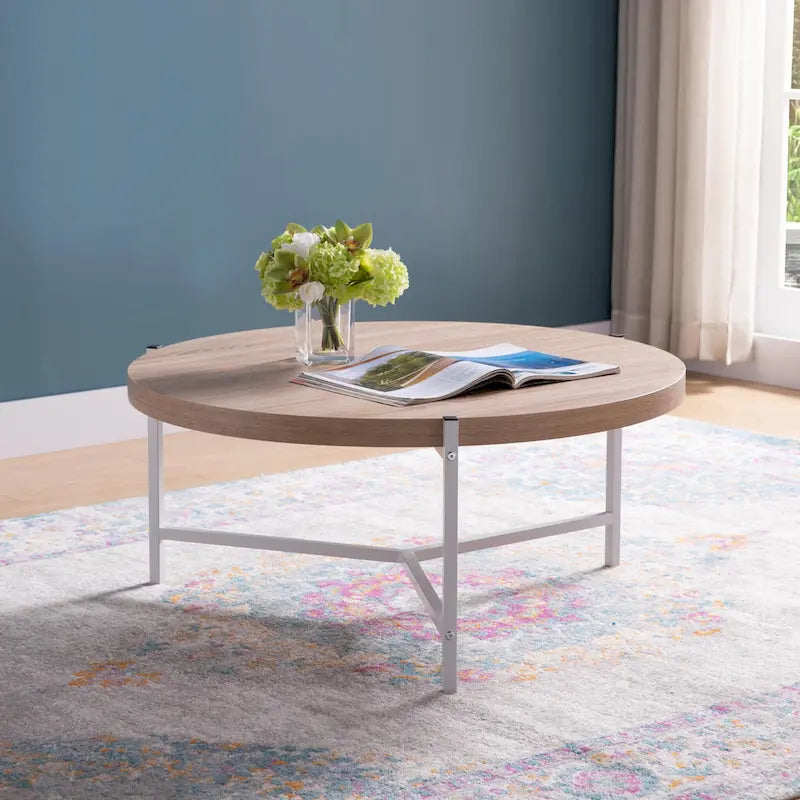 Table basse ronde avec plateau en bois et piètement à 3 pieds en acier inoxydable