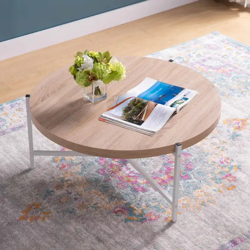 Table basse ronde avec plateau en bois et piètement à 3 pieds en acier inoxydable