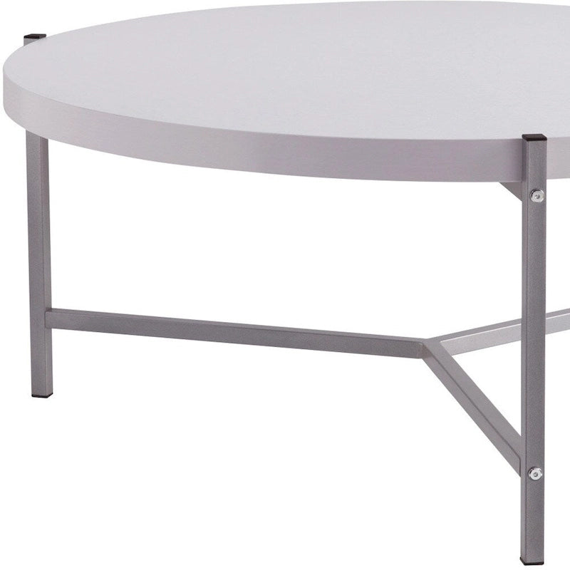 Table basse ronde avec plateau en bois et piètement à 3 pieds en acier inoxydable