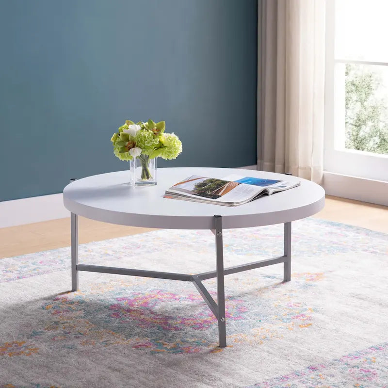Table basse ronde avec plateau en bois et piètement à 3 pieds en acier inoxydable