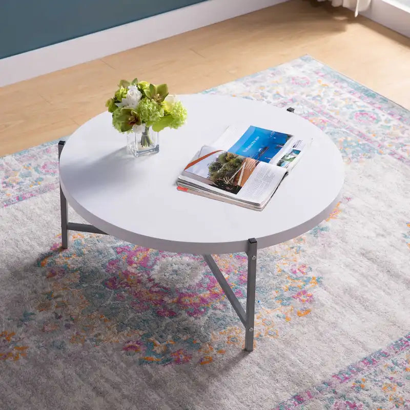 Table basse ronde avec plateau en bois et piètement à 3 pieds en acier inoxydable