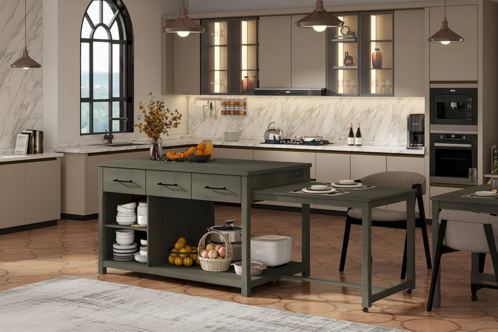 Extendable Kitchen Island With Storage(no include stool)