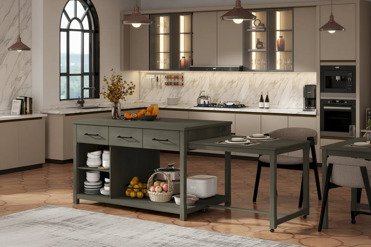 Extendable Kitchen Island With Storage(no include stool)