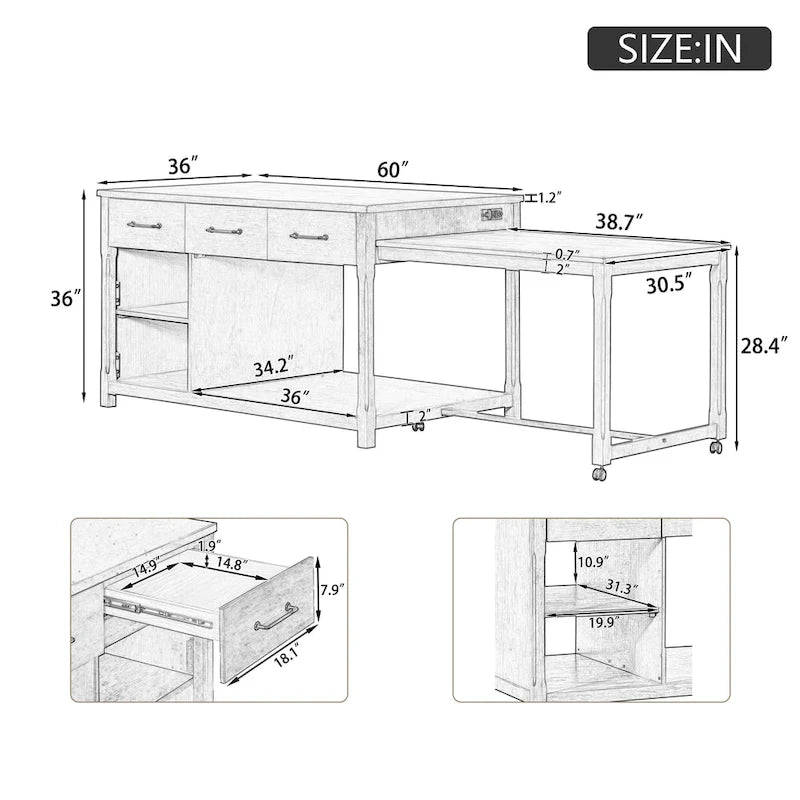 Îlot de cuisine extensible avec rangement (tabouret non inclus)