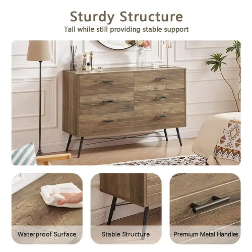 Commode de télévision à 6 tiroirs, meuble de rangement de 120 cm de large pour salon ou chambre à coucher
