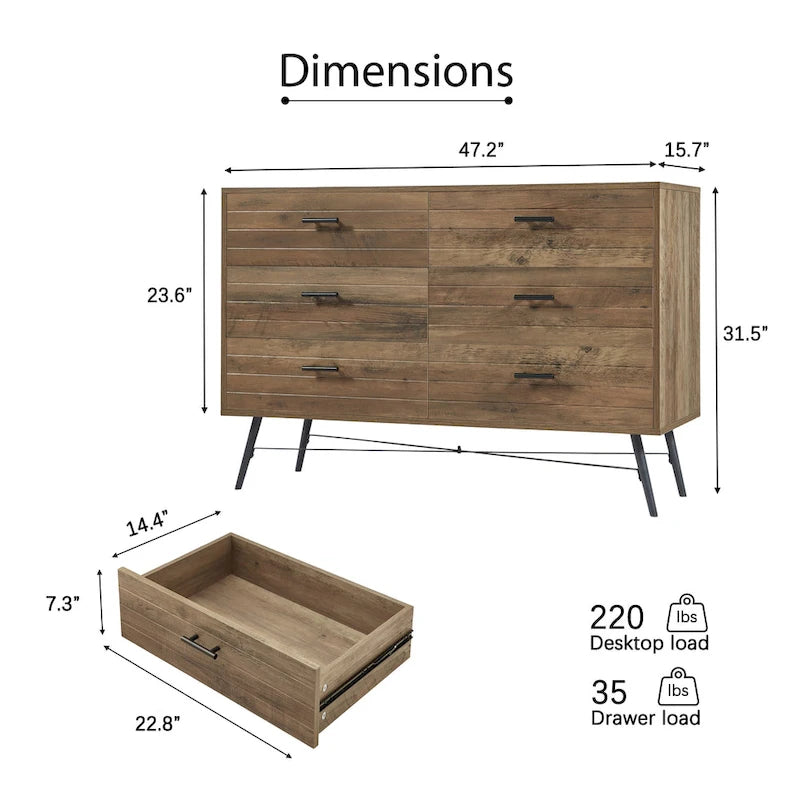 Commode de télévision à 6 tiroirs, meuble de rangement de 120 cm de large pour salon ou chambre à coucher