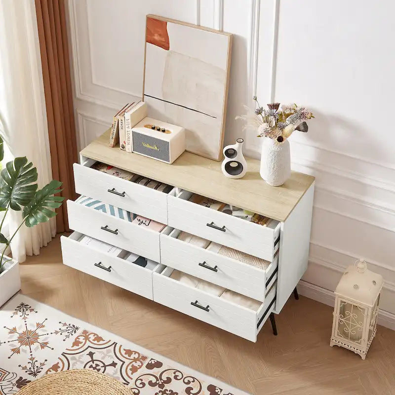 Commode de télévision à 6 tiroirs, meuble de rangement de 120 cm de large pour salon ou chambre à coucher