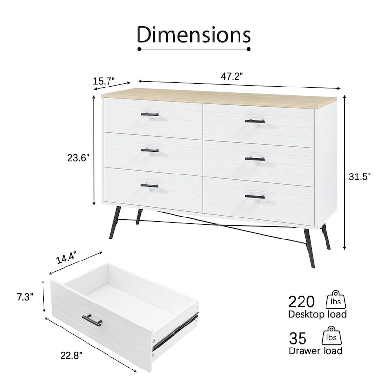 Commode de télévision à 6 tiroirs, meuble de rangement de 120 cm de large pour salon ou chambre à coucher