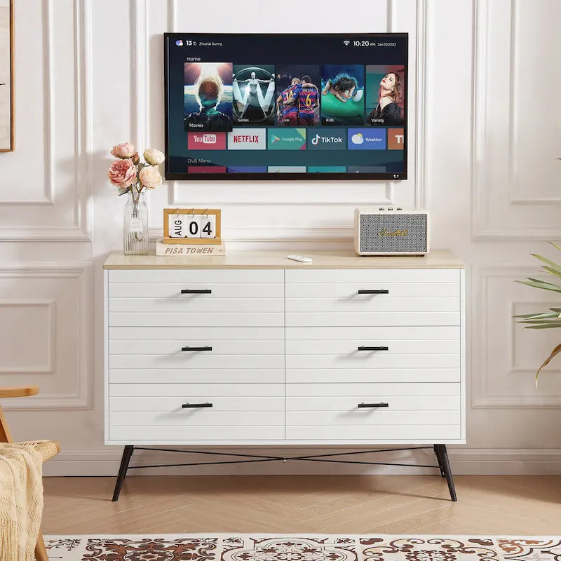 Commode de télévision à 6 tiroirs, meuble de rangement de 120 cm de large pour salon ou chambre à coucher