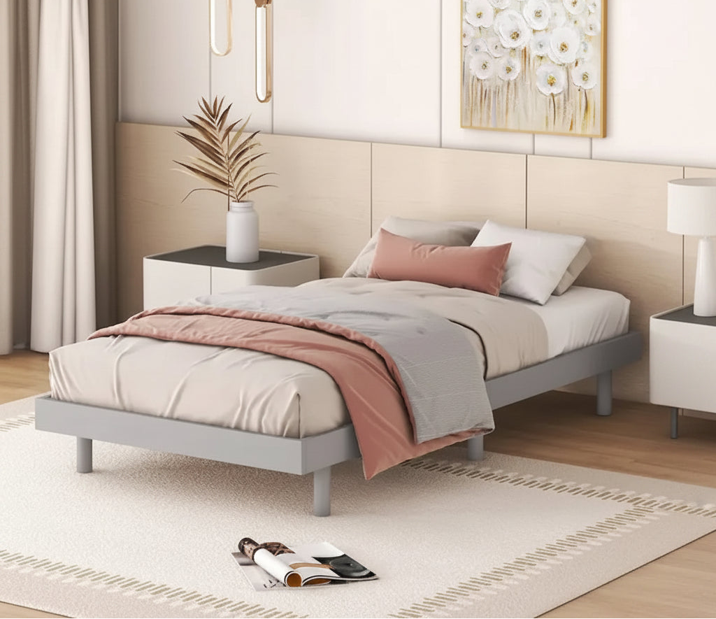 Grey Particle Board Twin Floating Platform Bed Frame with Rubberwood Legs