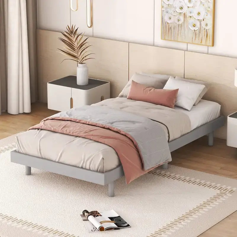 Cadre de lit plateforme flottant simple avec pieds en hévéa
