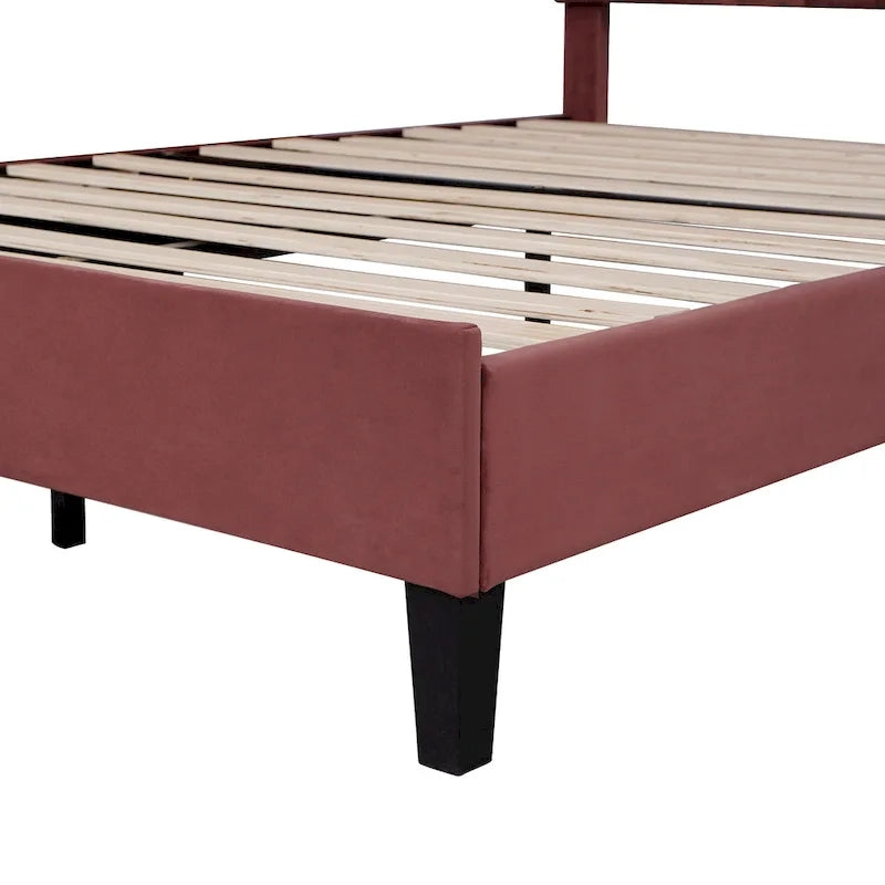 Lit plateforme tapissé avec tête de lit en velours à motif floral, grand lit