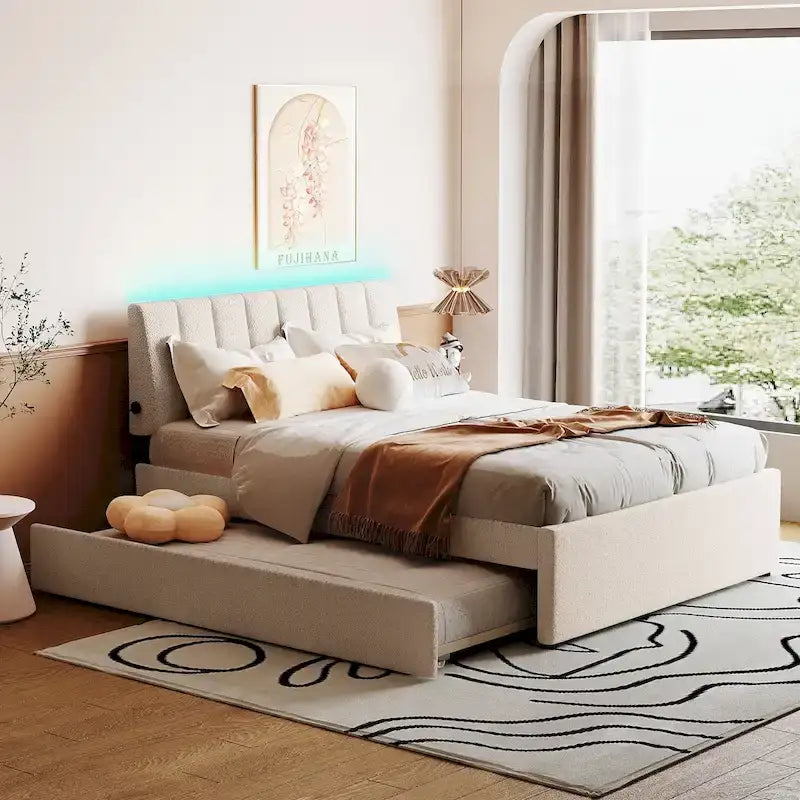 Lit plateforme capitonné avec éclairage LED et lit gigogne