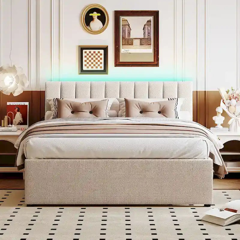 Lit plateforme capitonné avec éclairage LED et lit gigogne