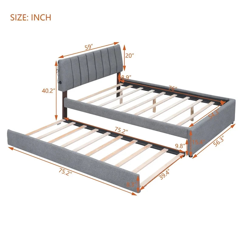 Lit plateforme capitonné avec éclairage LED et lit gigogne