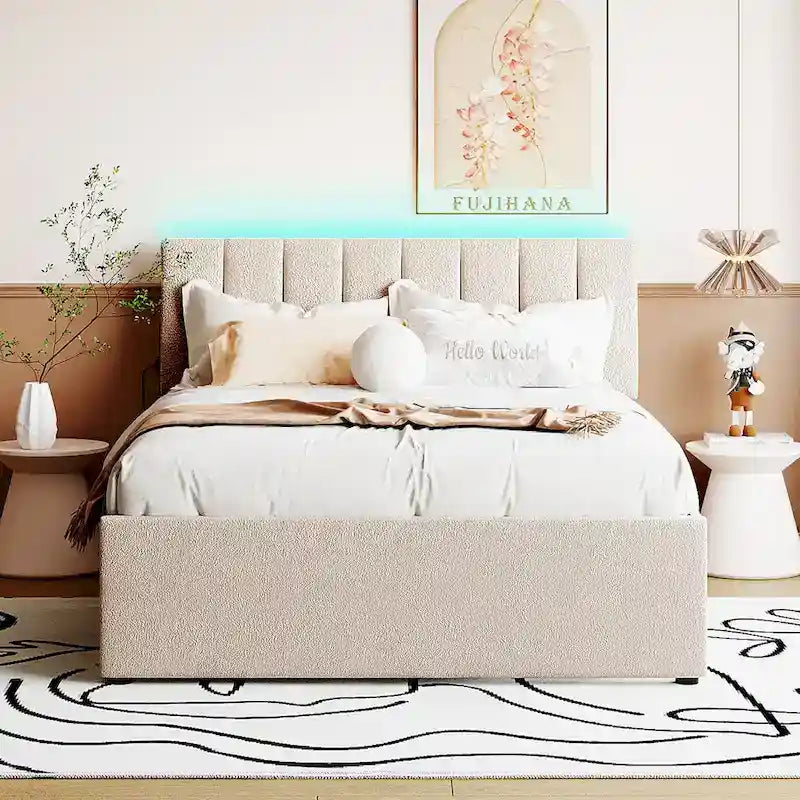 Lit plateforme capitonné avec éclairage LED et lit gigogne