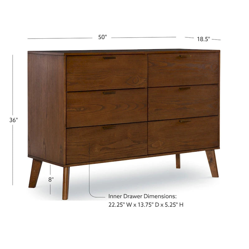 Commode en bois à 6 tiroirs de style Mid-Century