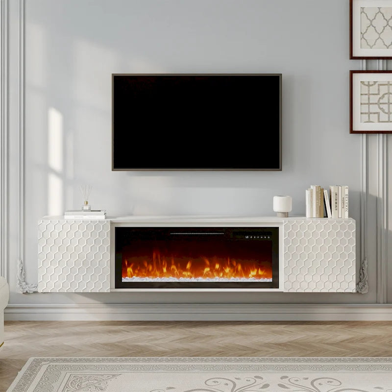 Meuble TV mural de 170 cm avec foyer électrique de 91 cm