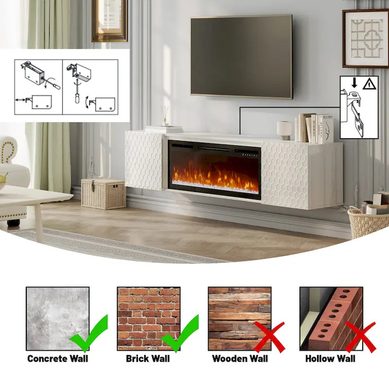 Meuble TV mural de 170 cm avec foyer électrique de 91 cm