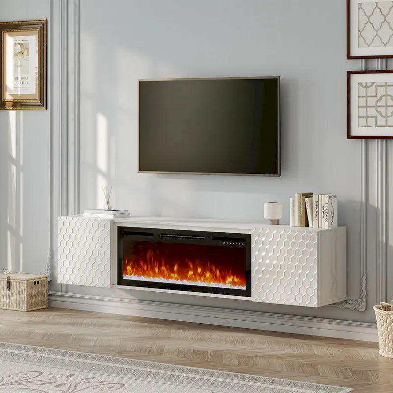 Meuble TV mural de 170 cm avec foyer électrique de 91 cm