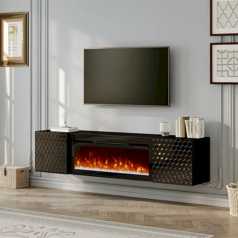 Meuble TV mural de 170 cm avec foyer électrique de 91 cm
