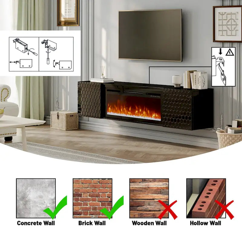 Meuble TV mural de 170 cm avec foyer électrique de 91 cm