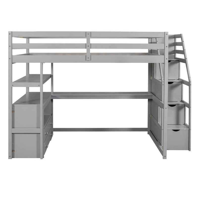 Lit mezzanine pleine grandeur avec bureau, étagères, tiroirs de rangement et escalier – Gris