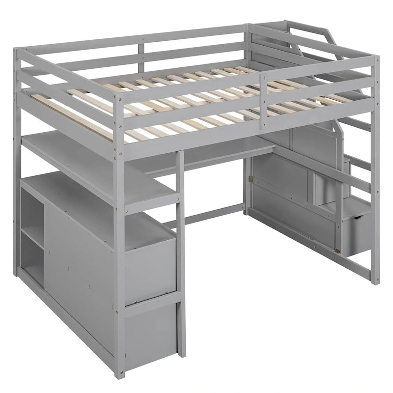 Lit mezzanine pleine grandeur avec bureau, étagères, tiroirs de rangement et escalier – Gris