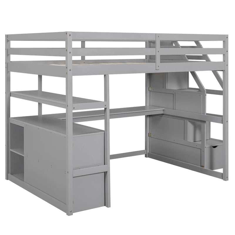 Lit mezzanine pleine grandeur avec bureau, étagères, tiroirs de rangement et escalier – Gris